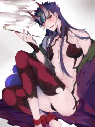 Rule 34 | 1boy, blue hair, cosplay, cu chulainn (fate), cu chulainn (fate) (all), cu chulainn (fate/stay night), cu chulainn alter (fate), cu chulainn alter (fate/grand order), earrings, fate/grand order, fate (series), fusion, horns, japanese clothes, jewelry, kimono, kiseru, lancer, long hair, looking at viewer, male focus, namahamu (hmhm 81), off shoulder, open clothes, open kimono, purple kimono, red eyes, revealing clothes, short hair, shuten douji (fate), shuten douji (fate) (cosplay), skin-covered horns, smoking pipe, solo, thighhighs