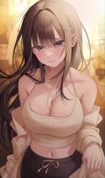 Rule 34 | 1girl, absurdres, bare shoulders, black shorts, breasts, brown hair, brown shirt, camisole, cleavage, closed mouth, crop top, crying, crying with eyes open, drawstring, hair ornament, hairclip, halterneck, highres, jacket, large breasts, long hair, looking at viewer, midriff, mole, mole on breast, myowa, navel, off shoulder, open clothes, open jacket, original, red eyes, shirt, shorts, sleeveless, sleeveless shirt, solo, spaghetti strap, stomach, tears, upper body, very long hair, white jacket