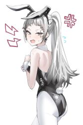 Rule 34 | 1girl, anger vein, animal ears, arknights, ass, back, bare shoulders, black leotard, blush, breasts, commentary request, cowboy shot, detached collar, earrings, embarrassed, fake animal ears, fake tail, from behind, from side, grey eyes, grey hair, hands up, highres, horn/wood, irene (arknights), jewelry, leotard, long hair, looking at viewer, looking back, medium breasts, open mouth, own hands together, pantyhose, playboy bunny, ponytail, rabbit ears, rabbit tail, scar, scar across eye, scar on face, simple background, solo, spoken anger vein, spoken sweatdrop, standing, strapless, strapless leotard, sweat, sweatdrop, tail, teeth, thighs, upper teeth only, white background, wrist cuffs
