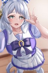 Rule 34 | 1girl, absurdres, animal ears, blurry, blurry background, bow, commentary request, ear covers, ear ornament, grey eyes, grey hair, highres, hishi miracle (umamusume), horse ears, horse girl, horse tail, indoors, looking at viewer, open mouth, petticoat, pleated skirt, puffy short sleeves, puffy sleeves, purple bow, purple shirt, sailor collar, school uniform, selfie, shinonome (shinonome rynn), shirt, short sleeves, skirt, smile, solo, summer uniform, tail, thighhighs, tracen school uniform, umamusume, w, white skirt, white thighhighs, wooden floor