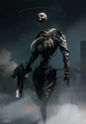Rule 34 | esuthio, floating skull, gun, halo, highres, holding, holding gun, holding weapon, humanoid robot, no humans, non-humanoid robot, open hand, original, robot, science fiction, skull, solo, standing, weapon