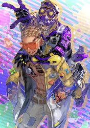 Rule 34 | abs, absurdres, apex legends, bad id, bad pixiv id, belt, blonde hair, brown belt, carrying, chain, chest tattoo, cornrows, crypto (apex legends), extreme measures octane, gloves, goggles, gold chain, hands in pockets, helmet, highres, hype beast crypto, jacket, kawaniwa, leaning forward, m/, male focus, motorcycle helmet, multicolored clothes, multicolored jacket, octane (apex legends), official alternate costume, pants, piggyback, purple gloves, purple headwear, purple jacket, smile, sunglasses, tattoo, white jacket, white pants, yellow jacket