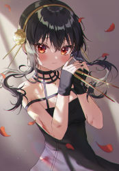 Rule 34 | 1girl, absurdres, bare shoulders, black dress, black gloves, black hair, black nails, blood, bloody weapon, blush, closed mouth, commentary, dagger, dress, earrings, eyelashes, falling petals, fingerless gloves, fingernails, floating hair, flower, gloves, gold earrings, gold hairband, hair between eyes, hair flower, hair ornament, hairband, highres, holding, holding dagger, holding knife, holding weapon, jewelry, knife, light particles, long hair, looking at viewer, nail polish, pendant, petals, raised eyebrows, red eyes, rose petals, shinzousan, short hair with long locks, sidelocks, sleeveless, sleeveless dress, solo, spy x family, standing, stiletto (weapon), weapon, yor briar