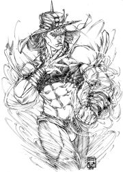 Rule 34 | 1boy, abs, aerokinesis, armlet, artist logo, artist name, bangle, battle tendency, bracelet, clenched hand, commentary, cowboy shot, crop top, dated, earrings, english commentary, facial mark, fingernails, furrowed brow, greyscale, hand up, hoop earrings, horns, jewelry, jojo no kimyou na bouken, lip piercing, loincloth, male focus, maya panda, midriff, monochrome, muscular, muscular male, navel, neck ring, piercing, single horn, sleeveless, solo, speed lines, spikes, stomach, traditional media, veins, wamuu, wind
