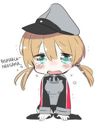 Rule 34 | 10s, 1girl, anchor hair ornament, arm support, blonde hair, blue eyes, blue hair, blush stickers, chibi, crying, crying with eyes open, gloves, hair ornament, hard-translated, hat, kantai collection, long sleeves, looking at viewer, microskirt, military, military uniform, mozuya murasaki, peaked cap, prinz eugen (kancolle), short twintails, simple background, sitting, skirt, tears, thighhighs, third-party edit, translated, twintails, uniform, wariza, white background, white gloves