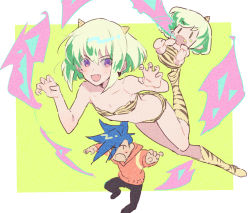 Rule 34 | 3boys, androgynous, animal print, ass, bikini, blue eyes, blue hair, boots, border, butt crack, crossdressing, fang, galo thymos, green background, green hair, horns, jacket, knee boots, lio fotia, male focus, mohawk, multiple boys, open mouth, outside border, paw pose, promare, purple eyes, red jacket, rice (rice8p), short hair, sidelocks, skin fang, sweatdrop, swimsuit, tiger print, trap, white border