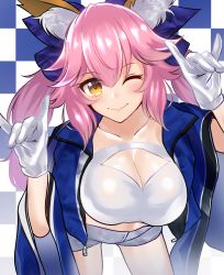 Rule 34 | 1girl, ;), animal ear fluff, animal ears, blue background, blue robe, blush, breasts, checkered background, cleavage, cleavage cutout, clothing cutout, collarbone, commentary request, cowboy shot, fate/grand order, fate (series), fox ears, fox shadow puppet, gloves, grey shorts, hair between eyes, hands up, highres, large breasts, leaning forward, long hair, long sleeves, looking at viewer, official alternate costume, one eye closed, open clothes, open robe, pink hair, robe, short shorts, shorts, smile, solo, standing, tamamo (fate), tamamo no mae (fate/extra), tamamo no mae (type-moon racing) (fate), thighs, twintails, volyz, white background, white gloves, wide sleeves, yellow eyes