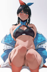 Rule 34 | 1girl, absurdres, bare shoulders, black hair, blue eyes, blue jacket, blush, breasts, cleavage, closed mouth, commentary, english commentary, feet out of frame, grey background, gridman universe, hair ornament, highres, jacket, kneehighs, kurowa, large breasts, long hair, looking at viewer, navel, off shoulder, open clothes, open jacket, orange socks, ponytail, simple background, sitting, socks, solo, ssss.gridman, stomach, takarada rikka, thick thighs, thigh strap, thighs