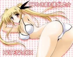 Rule 34 | 00s, 1girl, absurdres, ass, bent over, bikini, blonde hair, breasts, covered erect nipples, fate testarossa, highres, huge ass, large breasts, looking back, lyrical nanoha, mahou shoujo lyrical nanoha, mahou shoujo lyrical nanoha strikers, oda ken&#039;ichi, red eyes, solo, swimsuit, twintails, white bikini