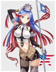 Rule 34 | 1girl, american flag, american flag print, asymmetrical legwear, black necktie, blue hair, breasts, closed mouth, collared shirt, commentary, cowboy shot, flag print, framed breasts, grey background, grey eyes, hand on own head, head tilt, kantai collection, kasumi (skchkko), large breasts, mismatched legwear, multicolored hair, navel, necktie, pencil skirt, red hair, shiny clothes, shirt, skirt, smile, solo, south dakota (kancolle), star (symbol), star print, thighs, white hair, white shirt