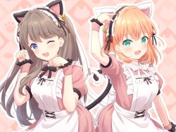 Rule 34 | 2girls, :3, ;d, absurdres, animal ears, apron, aqua eyes, arm at side, arm up, black ribbon, blush, breasts, brown hair, cat ears, cat tail, commentary, cosplay, crossed bangs, dress, ear bell, fake animal ears, fake tail, fujishima megumi, fujishima megumi (cosplay), hands up, heart, heart tail, heart tail duo, highres, hinoshita kaho, link! like! love live!, long hair, looking at viewer, love live!, m&#039;s one day (love live!), maid apron, maid day, maid headdress, medium breasts, medium hair, multiple girls, neck ribbon, one eye closed, open mouth, orange hair, outline, paw pose, pink dress, pink wrist cuffs, purple eyes, ribbon, smile, tail, two side up, virtual youtuber, white apron, white outline, white ribbon, wrist cuffs, yutuki ame