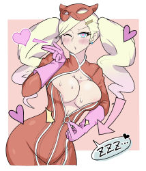 Rule 34 | 1girl, blonde hair, blowing kiss, blue eyes, bodysuit, border, breasts, cat mask, cleavage, earrings, full-length zipper, gloves, heart, heart-shaped pupils, highres, holding, holding mask, jewelry, large breasts, mask, mask on head, one eye closed, persona, persona 5, pink background, pink gloves, red bodysuit, solo, stud earrings, sweat, swept bangs, symbol-shaped pupils, takamaki anne, twintails, unzipping, white-stew, white border, zipper, zzz