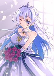 Rule 34 | 1girl, azur lane, bare shoulders, blush, bouquet, breasts, bridal veil, cleavage, cross, dress, earrings, flower, gloves, holding, holding flower, indoors, jewelry, large breasts, long hair, looking at viewer, official alternate costume, one eye closed, ribbon, rodney (azur lane), rodney (palace of blessings) (azur lane), rose, sleeveless, sleeveless dress, smile, solo, strapless, strapless dress, tiara, veil, wedding dress, white dress, white gloves, window, yazuki yume