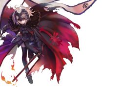 Rule 34 | 1girl, ahoge, banner, black thighhighs, blonde hair, boots, cape, fate/grand order, fate (series), fire, fur-trimmed cape, fur trim, gauntlets, headpiece, holding, holding sword, holding weapon, jeanne d&#039;arc (fate), jeanne d&#039;arc alter (avenger) (fate), jeanne d&#039;arc alter (fate), looking at viewer, negative space, parted lips, red cape, shirabi, short hair, simple background, solo, sword, thighhighs, waist cape, weapon, white background, yellow eyes