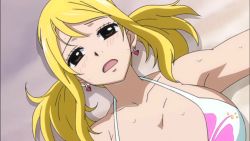 Rule 34 | 1girl, animated, anime screenshot, audible speech, beach, bikini, blonde hair, breasts, breathing, brown eyes, cleavage, closed eyes, earrings, english audio, fairy tail, heart, heart earrings, heavy breathing, highres, jewelry, large breasts, lucy heartfilia, lying, screencap, solo, sound, sweat, swimsuit, tagme, talking, twintails, video