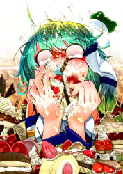 Rule 34 | 1girl, blank eyes, cake, candy, cookie, dessert, eating, female focus, food, frog, fruit, full mouth, grapes, green hair, hair tubes, icing, kochiya sanae, messy, pocky, sakurai energy, solo, strawberry, strawberry shortcake, sweets, swiss roll, tears, touhou, wafer, wafer stick, whipped cream, x x