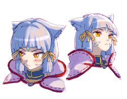 Rule 34 | 1girl, animal ears, blunt bangs, blush, cat ears, cat girl, closed mouth, commentary, english commentary, facial mark, frown, grey hair, hair ribbon, highres, looking to the side, nia (xenoblade), ribbon, short hair, simple background, solo, white background, xenoblade chronicles (series), xenoblade chronicles 2, yellow eyes, yellow pupils, yellow ribbon, zawabug