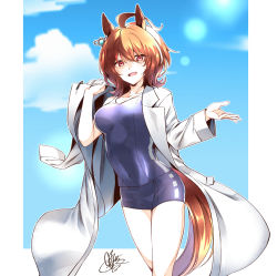 Rule 34 | 1girl, :d, absurdres, agnes tachyon (umamusume), ahoge, animal ears, blue one-piece swimsuit, blue sky, border, breasts, brown eyes, brown hair, cloud, coat, collarbone, commentary request, competition school swimsuit, day, earrings, hair between eyes, highres, horse ears, horse girl, horse tail, jewelry, lab coat, medium breasts, one-piece swimsuit, open mouth, outdoors, outside border, removing coat, school swimsuit, shigure (sigre), short hair, signature, single earring, sky, smile, solo, swimsuit, swimsuit under clothes, tail, thighs, umamusume, white border, white coat