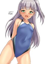 Rule 34 | 1girl, black one-piece swimsuit, blue one-piece swimsuit, blush, competition swimsuit, covered navel, dated, green eyes, grey hair, highleg, highleg swimsuit, highres, kantai collection, long hair, looking at viewer, maestrale (kancolle), montemasa, multicolored clothes, multicolored swimsuit, one-hour drawing challenge, one-piece swimsuit, one side up, open mouth, simple background, smile, solo, swimsuit, twitter username, two-tone swimsuit, white background