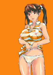 Rule 34 | 1girl, breasts, brown eyes, brown hair, cleavage, clothes lift, collarbone, collared dress, covered erect nipples, crotch seam, dead or alive, dead or alive 5, dress, dress lift, large breasts, lei fang, looking at viewer, nipples, no bra, orange background, panties, see-through, shirt, simple background, solo, standing, striped clothes, striped dress, striped shirt, thighs, twintails, underwear, wet, wet clothes, white panties, wringing clothes, wringing dress, wxp