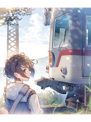 Rule 34 | 1girl, brown eyes, brown hair, daito, day, from behind, highres, looking back, original, outdoors, short hair, solo, sweater vest, train, upper body, wind