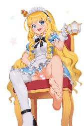 Rule 34 | 1girl, absurdres, apron, azur lane, barefoot, black footwear, blonde hair, blue dress, blue eyes, bluesnail, blush, bow, censored, chair, cup, dress, fang, feet, foot focus, gloves, heart, heart censor, highres, holding, long hair, looking at viewer, maid, maid headdress, mary janes, no panties, open mouth, pussy, queen elizabeth (azur lane), queen elizabeth (yes your maidness!) (azur lane), self-upload, shoes, short sleeves, simple background, single shoe, single thighhigh, sitting, smile, star (symbol), starry background, teacup, thighhighs, upskirt, very long hair, white apron, white background, white gloves, white thighhighs