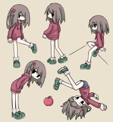 Rule 34 | 1girl, apple, black eyes, brown hair, closed mouth, commentary, cube hair ornament, drawstring, food, from behind, from side, fruit, full body, green footwear, grey shorts, hair ornament, hands in pockets, highres, hood, hood down, hoodie, jitome, kanikan, leaning forward, leg up, legs up, long hair, long sleeves, looking at viewer, looking back, looking to the side, multiple views, one side up, original, red apple, red hoodie, shoes, short shorts, shorts, simple background, sitting, socks, standing, standing on one leg, upside-down, white socks, yellow background