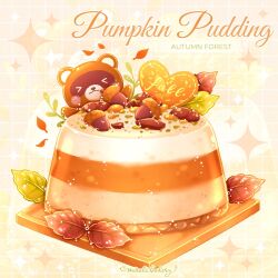 Rule 34 | acorn, artist name, autumn, autumn leaves, blush stickers, chibi, chocomiruki, commentary, dessert, english text, food, food focus, grid background, heart, leaf, no humans, original, pudding, pumpkin, raccoon, spice, symbol-only commentary