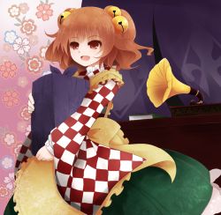 Rule 34 | 1girl, apron, arano oki, bell, checkered clothes, checkered clothes, checkered kimono, hair bell, hair ornament, holding, japanese clothes, kimono, motoori kosuzu, phonograph, red eyes, red hair, solo, touhou, twintails, two side up