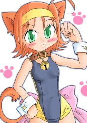 Rule 34 | 1girl, ahoge, animal ears, bell, black one-piece swimsuit, blush, bow, breasts, cat ears, cat girl, cat tail, collar, collarbone, green eyes, hairband, hand on own hip, jingle bell, kimi ga nozomu eien, looking at viewer, marinba, neck ribbon, one-piece swimsuit, orange hair, paw pose, pink bow, ribbon, short hair, small breasts, smile, standing, suzumiya akane, swimsuit, tail, waist bow, wrist cuffs