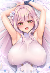 Rule 34 | 1girl, absurdres, armpits, arms up, bare arms, bare shoulders, blue archive, breasts, chikage (blackclownery), commentary, dress, feathered wings, flower, hair bun, hair flower, hair ornament, halo, highres, large breasts, long hair, looking at viewer, mika (blue archive), open mouth, pink hair, single side bun, sleeveless, sleeveless dress, smile, solo, white dress, wings, yellow eyes