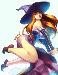 Rule 34 | 1girl, ankle boots, bad id, bad tumblr id, bare shoulders, boots, breasts, brown eyes, brown hair, bustier, detached sleeves, dragon&#039;s crown, hat, impossible clothes, large breasts, lips, long hair, nose, pointy footwear, robaato, shoes, side slit, skirt, solo, sorceress (dragon&#039;s crown), staff, striped, swept bangs, vertical stripes, witch hat