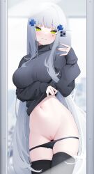 Rule 34 | 1girl, absurdly long hair, absurdres, cleft of venus, clothes lift, dot nose, girls&#039; frontline, green eyes, grey hair, groin, hair ornament, highres, hk416 (girls&#039; frontline), long hair, mirror, mirror selfie, navel, panties, panty pull, phone, pussy, selfie, shirt lift, smile, thighhighs, uncensored, underwear, very long hair, white hair, z.taiga