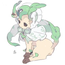 Rule 34 | animal focus, bonnet, bow, bowtie, brown eyes, capelet, creatures (company), frilled headwear, frills, game freak, gen 4 pokemon, green bow, hideko (l33l3b), highres, leaf, leafeon, light smile, nintendo, no humans, pokemon, pokemon (creature), signature, simple background, sitting, smile, solo, striped bow, striped bowtie, striped clothes, twitter username, white background, white capelet