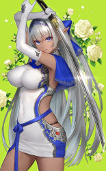 Rule 34 | 1girl, armpits, arms up, backless dress, backless outfit, black panties, blue bow, blue capelet, blue eyes, blue hairband, blunt bangs, bow, capelet, closed mouth, covered navel, cowboy shot, dark-skinned female, dark skin, dress, ear piercing, elbow gloves, elf, floral background, flower, gloves, green background, hair bow, hairband, highres, hiyashiru, impossible clothes, impossible dress, lipstick, long hair, looking at viewer, makeup, one side up, original, panties, piercing, pointy ears, rose, short dress, silver hair, silver trim, skindentation, smile, solo, underwear, very long hair, white dress, white flower, white gloves, white rose
