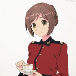 Rule 34 | 1girl, akagi (fmttps), artist name, braid, brown eyes, brown hair, closed mouth, commentary, crown braid, cup, epaulettes, girls und panzer, glasses, head tilt, holding, holding cup, holding saucer, jacket, lips, long sleeves, looking at viewer, military, military uniform, nilgiri (girls und panzer), red jacket, round eyewear, saucer, short hair, simple background, smile, solo, st. gloriana&#039;s military uniform, teacup, twitter username, uniform, upper body, white background