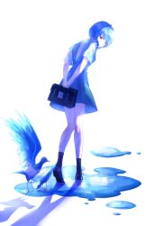 Rule 34 | 1girl, arms behind back, ayanami rei, bad id, bad pixiv id, bag, bird, blue hair, full body, highres, loafers, looking back, mephvll, neon genesis evangelion, puddle, red eyes, school bag, school uniform, shadow, shoes, short hair, short sleeves, simple background, socks, solo, white background