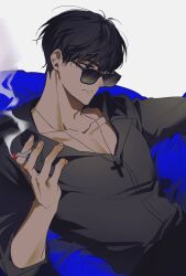 Rule 34 | 1boy, black eyes, black hair, black pants, cigarette, closed mouth, collarbone, cowboy shot, cross, cross necklace, grey shirt, hand up, highres, holding, holding cigarette, jewelry, male focus, necklace, nicholas d. wolfwood, pants, partially unbuttoned, shirt, short hair, simple background, smoke, solo, sunglasses, trigun, trigun stampede, white background, white som