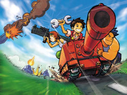 Rule 34 | 1girl, 2boys, advance wars, andy (advance wars), arm up, armband, bent over, black eyes, black hair, blue hair, caterpillar tracks, cloud, day, domino, domino (advanced wars), explosion, fingerless gloves, fire, gloves, grass, grin, headband, hirata ryou, m1 bazooka, max (advance wars), military, military uniform, military vehicle, motion blur, motor vehicle, multiple boys, muscular, nintendo, official art, official wallpaper, orange hair, outdoors, rocket launcher, short hair, sky, sleeves rolled up, smile, smoke, sparkle, spiked hair, sports bra, star (symbol), tank, tank top, uniform, vehicle, weapon, wrench