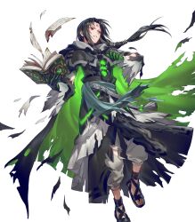 Rule 34 | 1boy, black cape, black gloves, black hair, cape, damaged, facial mark, fire emblem, fire emblem: path of radiance, fire emblem heroes, forehead mark, gloves, glowing, green cape, green eyes, highres, long hair, multicolored cape, multicolored clothes, nintendo, non-web source, official altenate costume, official art, ponytail, sandals, solo, soren (fire emblem), soren (resplendent) (fire emblem), torn book, torn cape, torn clothes, torn sleeves