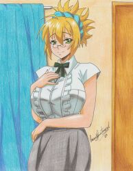 Rule 34 | 1girl, 2023, absurdres, artist name, blonde hair, blouse, boku to misaki-sensei, bow, breasts, cowboy shot, curtains, door, female focus, frills, glasses, green bow, green eyes, grey skirt, hair between eyes, hairband, hand on own chest, highres, indoors, large breasts, looking at viewer, mature female, misaki-sensei, pencil skirt, ravernclouk design, shirt, short sleeves, skirt, smile, solo, traditional media