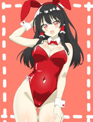 Rule 34 | 1girl, absurdres, animal ears, arm behind head, black hair, breasts, cleavage, commentary, covered navel, cowboy shot, detached collar, gluteal fold, groin, hakurei reimu, highres, large breasts, leotard, long hair, looking at viewer, open mouth, playboy bunny, rabbit ears, red background, red eyes, red leotard, shirokumall, simple background, solo, touhou, wrist cuffs