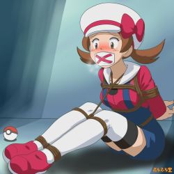 Rule 34 | 1girl, arms behind back, bdsm, blush, breasts, brown eyes, brown hair, cabbie hat, creatures (company), gag, game freak, grey background, hat, hat ribbon, improvised gag, indoors, looking at viewer, lyra (pokemon), nintendo, overalls, poke ball, pokemon, pokemon hgss, ribbon, rope, sitting, solo, tape, tape gag, thighhighs, twintails, wanderer (furafuradou)