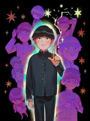 Rule 34 | 1boy, arm at side, aura, black background, black eyes, black hair, blush, bowl cut, buttoned cuffs, buttons, commentary, english commentary, gakuran, happy, highres, jacket, kageyama shigeo, long sleeves, male focus, mob psycho 100, multiple views, open mouth, pants, pointing, pottetto, psychic, school uniform, short hair, signature, smile, solo, sparkle, standing, star (symbol), sweatdrop