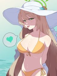 Rule 34 | 1girl, bbizim03, bikini, blue archive, breasts, commentary, english commentary, front-tie top, green eyes, hat, highres, jacket, large breasts, light brown hair, long hair, looking at viewer, nonomi (blue archive), nonomi (swimsuit) (blue archive), official alternate costume, see-through, see-through jacket, side-tie bikini bottom, smile, sun hat, swimsuit, tongue, tongue out, white hat, yellow bikini