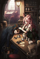 Rule 34 | 1boy, 1girl, ashtray, barrel, book, bookmark, breasts, brown eyes, brown hair, catharine (granblue fantasy), character request, head rest, cigar, cleavage, collarbone, cuffs, detached sleeves, erune, closed eyes, glasses, granblue fantasy, hair over one eye, hand on another&#039;s head, handcuffs, hat, high ponytail, indoors, jar, leaning forward, light, long hair, looking at another, medium breasts, newspaper, paper, parted lips, pink hair, plate, saucer, sitting, smile, standing, steam, stool, teapot, very long hair, window, zinnkousai3850