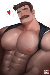 Rule 34 | 1boy, abs, absurdres, bara, bare pectorals, blue eyes, brown hair, chest hair, cleft chin, clothes lift, facial hair, handlebar mustache, heart, highres, kaysuoae, large pectorals, looking at viewer, male focus, mature male, muscular, muscular male, navel hair, nipples, original, pectorals, shirt behind neck, shirt lift, short hair, sideburns, simple background, solo, speech bubble, thick eyebrows, upper body, white background