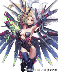 Rule 34 | 1girl, arm up, blonde hair, elbow gloves, esukee, gloves, green eyes, grin, heterochromia, looking at viewer, mecha shoujo taisen z, mechanical wings, multicolored hair, original, red eyes, smile, solo, split-color hair, thighhighs, two-tone hair, white hair, wings