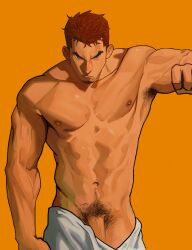 Rule 34 | 1boy, abs, absurdres, armpit hair, armpit hair peek, bara, cowboy shot, edeued (dpemrmfla), facial hair, frown, goatee, highres, looking at viewer, male focus, male pubic hair, mature male, medium sideburns, muscular, muscular male, navel, nipples, original, outstretched arm, penis, penis peek, pubic hair, red hair, short hair, sideburns stubble, solo, sparse navel hair, standing, stomach, stubble, thick eyebrows, topless male, uncensored, veins, veiny arms