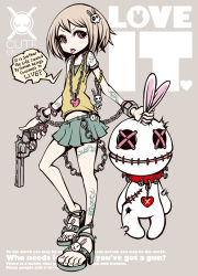 Rule 34 | 1girl, brown hair, chain, english text, engrish text, full body, gun, handgun, heart, high heels, highres, jewelry, necklace, original, pistol, project.c.k., rabbit, ranguage, red eyes, revolver, sandals, shoes, simple background, skirt, solo, tattoo, tongue, tongue out, weapon, x x